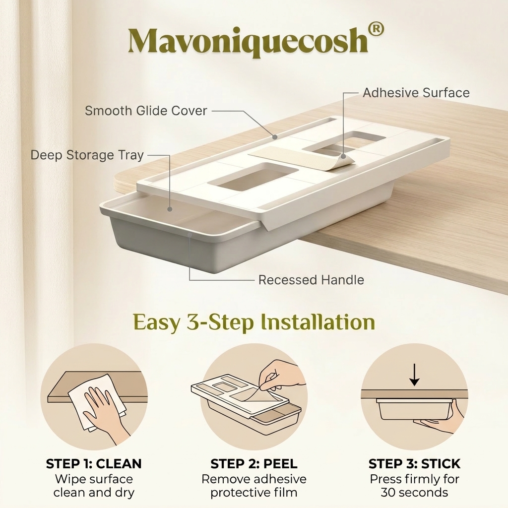 Mavoniquecosh® Under Desk Slide-Out Storage Drawer – Hidden Self-Adhesive Organizer for Home & Office