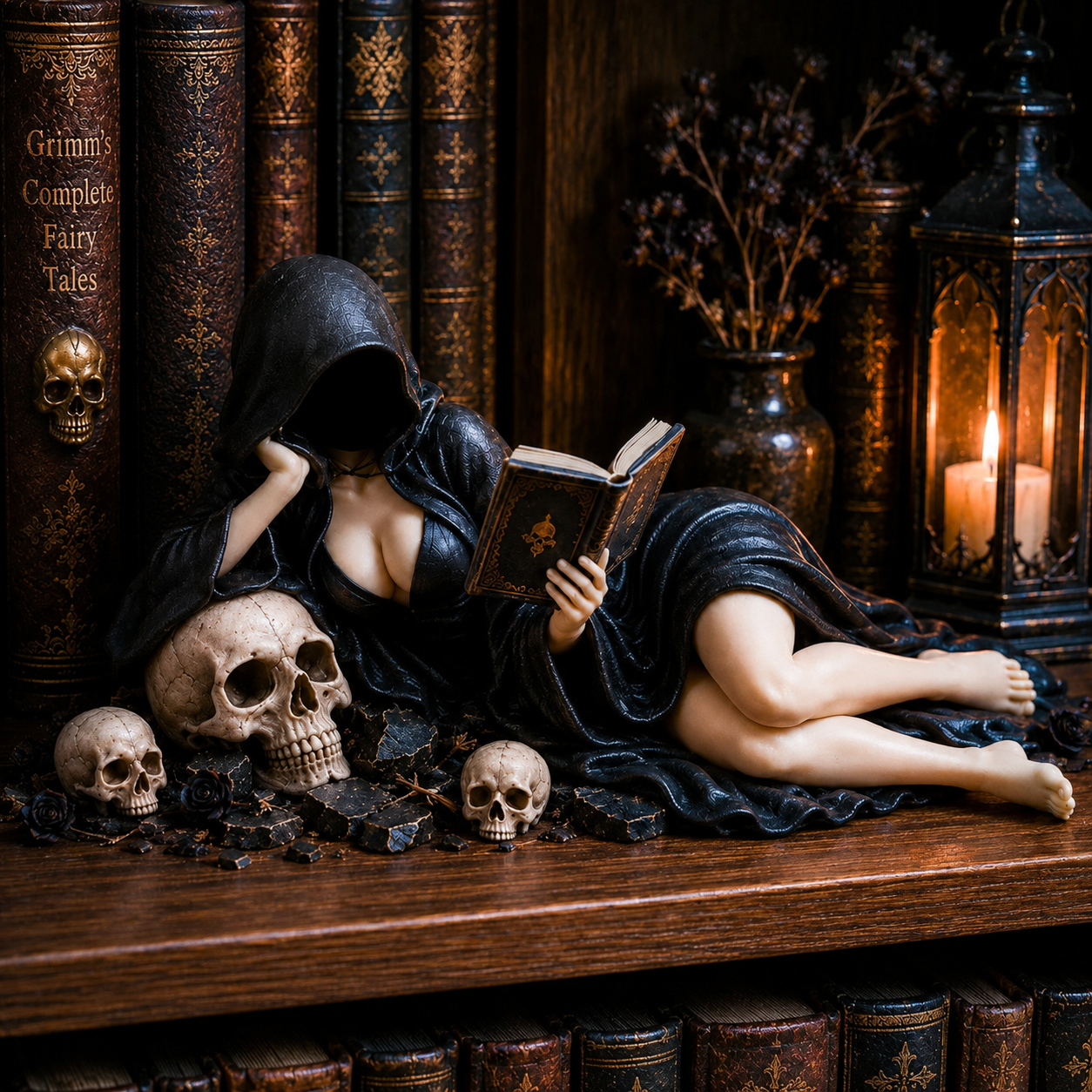 Gothic Hooded Reader Figurine – Dark Academia Bookshelf Decor