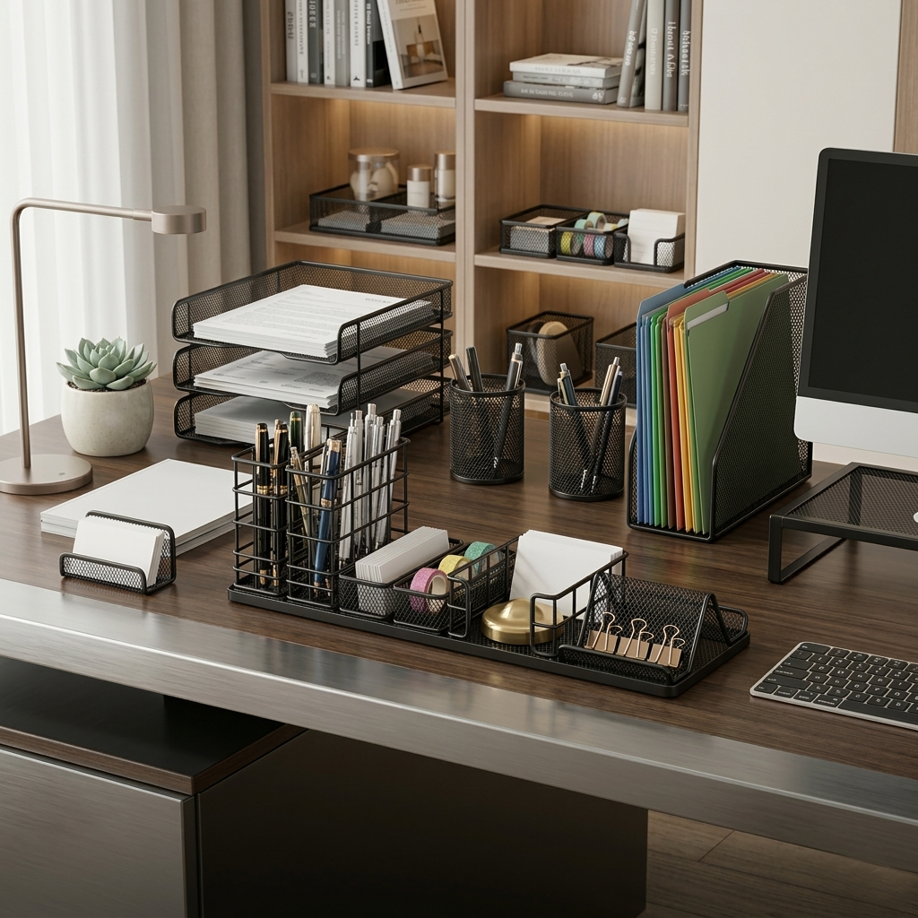 Mavoniquecosh® Metal Mesh Desk Organizer with Multi Compartments – Office Pen Holder for Stationery Storage