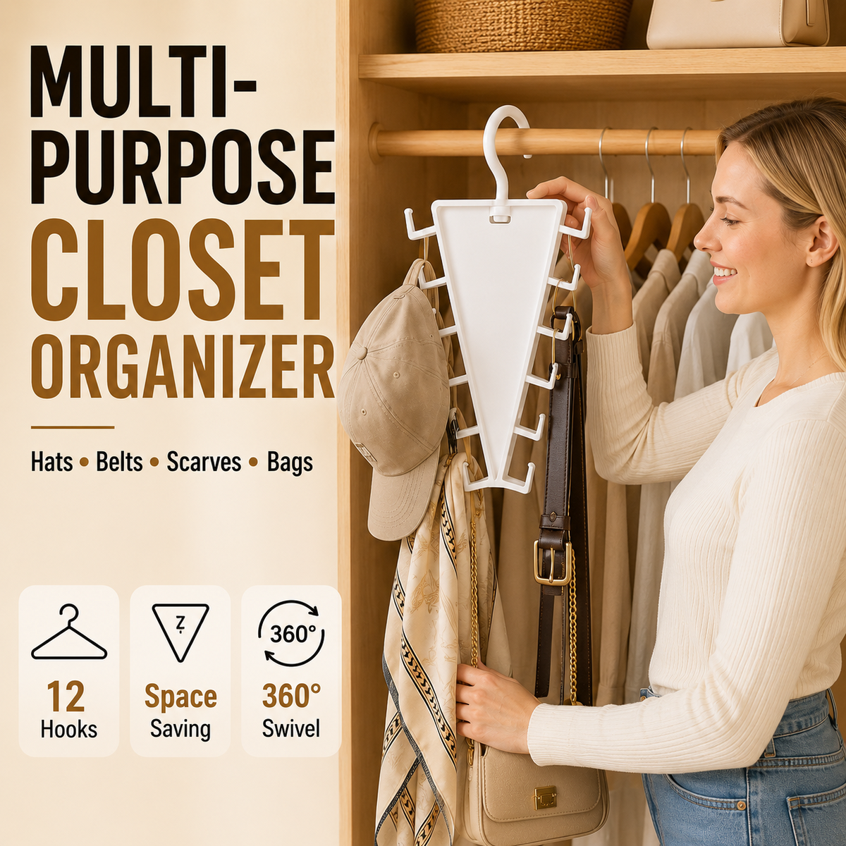 ✨ [BUY 1 GET 1 FREE] 12-Hook V-Shaped Closet Organizer – 360° Swivel Space-Saving Rack for Hats, Belts & Bags 🪝❤️ (JG)