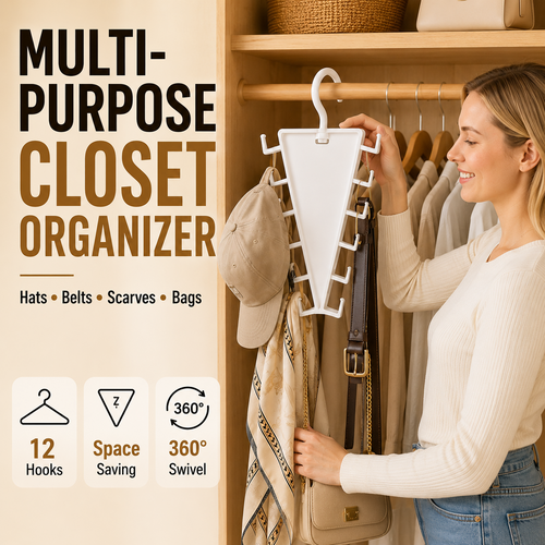 ✨ [BUY 1 GET 1 FREE] 12-Hook V-Shaped Closet Organizer – 360° Swivel Space-Saving Rack for Hats, Belts & Bags 🪝❤️ (JG)