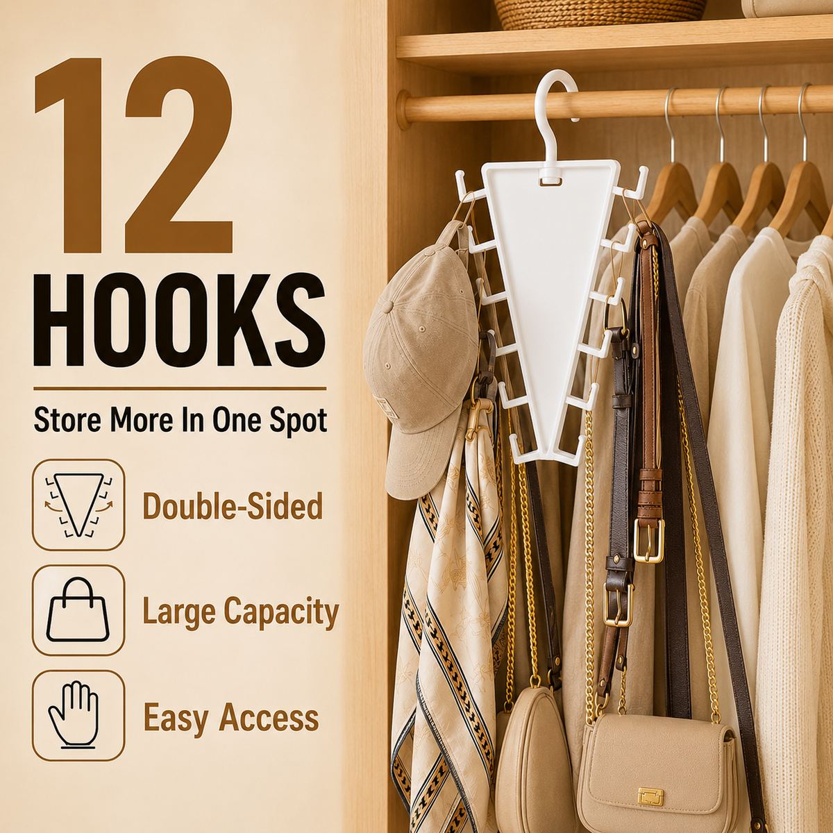 ✨ [BUY 1 GET 1 FREE] 12-Hook V-Shaped Closet Organizer – 360° Swivel Space-Saving Rack for Hats, Belts & Bags 🪝❤️ (JG)