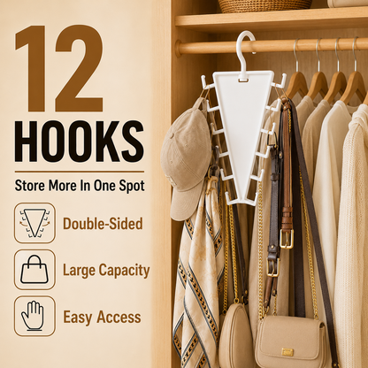 ✨ [BUY 1 GET 1 FREE] 12-Hook V-Shaped Closet Organizer – 360° Swivel Space-Saving Rack for Hats, Belts & Bags 🪝❤️ (JG)