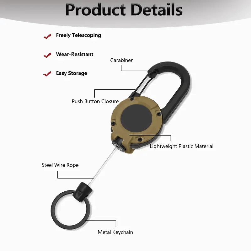 MAVONIQUECOSH®🔑Retractable Carabiner Keychain – 65cm steel lanyard, 100,000 pull cycles. Lightweight & sturdy.