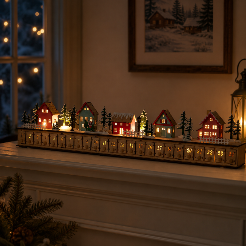 Home Reflections Christmas Village Advent Calendar – DIY Wooden Countdown Decoration with LED Lights, Music & 24 Gift Drawers