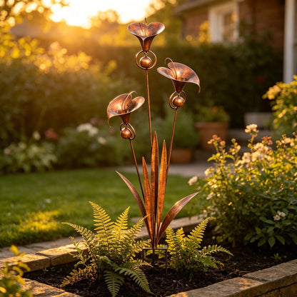 🌿Flamed Copper Three Calla Lilies Garden Stake with Bells