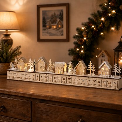 Home Reflections Christmas Village Advent Calendar – DIY Wooden Countdown Decoration with LED Lights, Music & 24 Gift Drawers