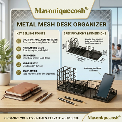 Mavoniquecosh® Metal Mesh Desk Organizer with Multi Compartments – Office Pen Holder for Stationery Storage