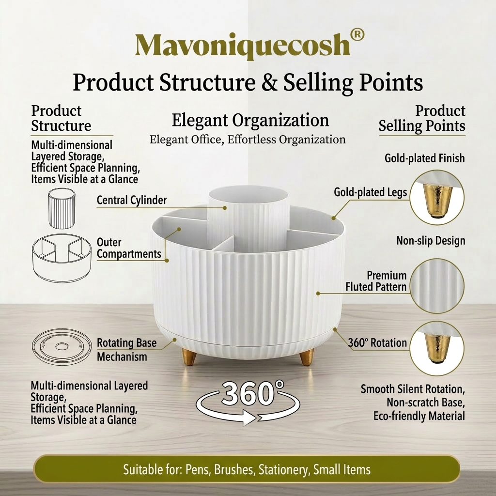 Mavoniquecosh® 360° Rotating Desk Organizer with Multi Compartments – Desktop Storage Holder for Office, School & Home