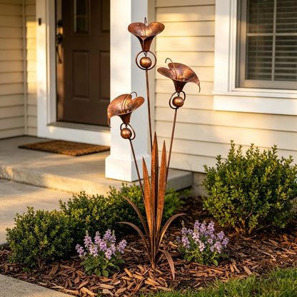🌿Flamed Copper Three Calla Lilies Garden Stake with Bells