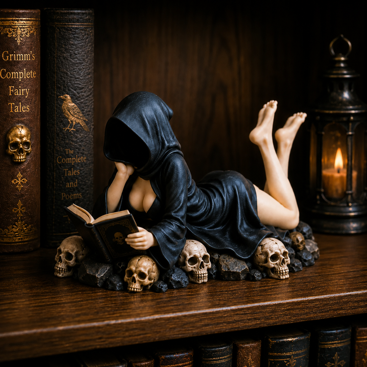 Gothic Hooded Reader Figurine – Dark Academia Bookshelf Decor