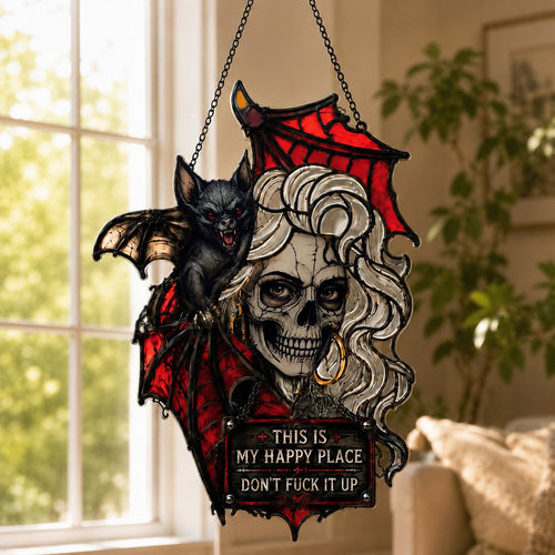🦇💀Gothic Skull & Bat “My Happy Place” Hanging Art✨