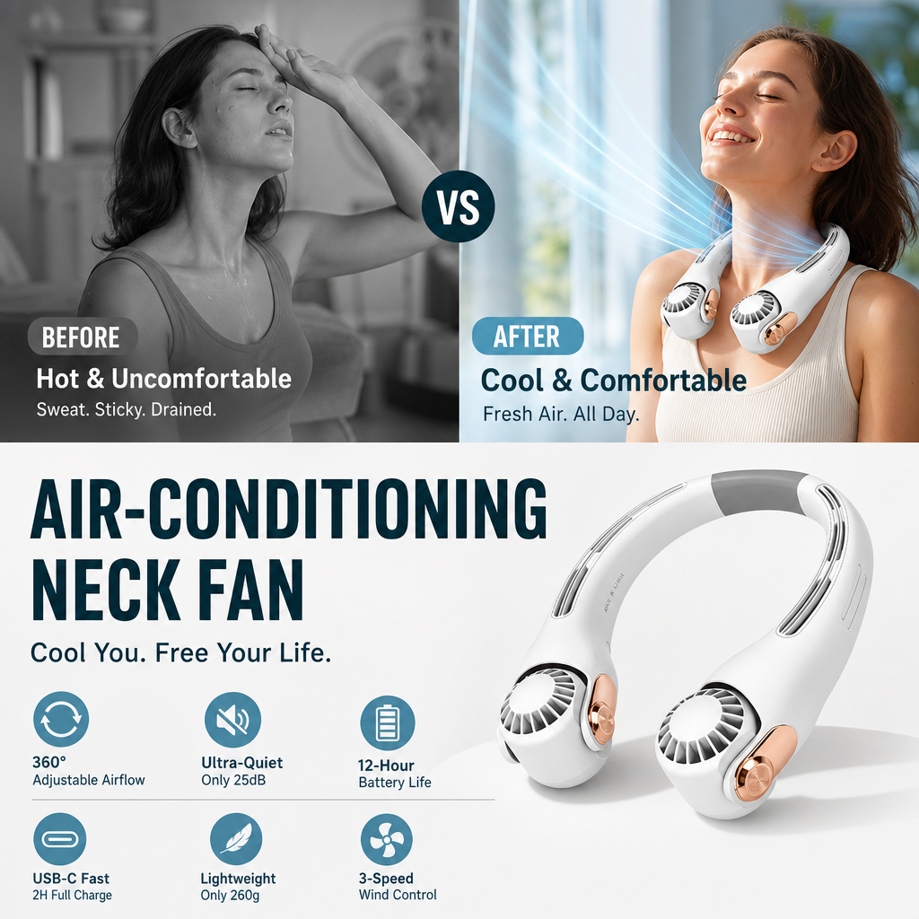 🥳💨 50% OFF!🍃  Portable Neck Fan - 3-Sec Instant Cooling, 360° Rotating Head, 3-Speed Airflow 😎🌬️