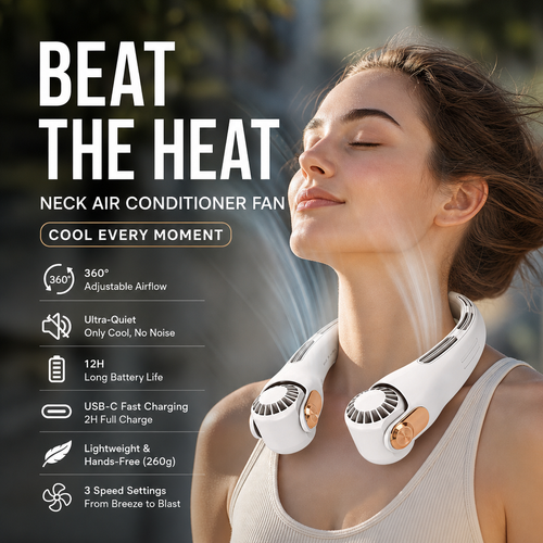 🥳💨 50% OFF!🍃  Portable Neck Fan - 3-Sec Instant Cooling, 360° Rotating Head, 3-Speed Airflow 😎🌬️