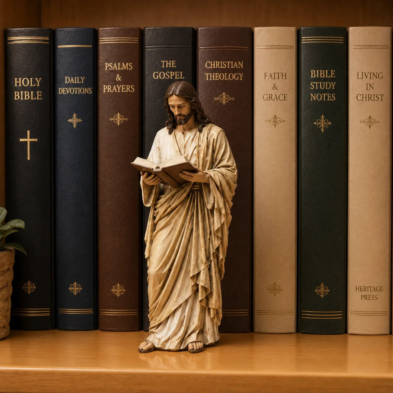Jesus Figurine Bookshelf Decor Set – Christian Faith-Inspired Statues for Bible Study Room, Prayer Corner & Home Decor