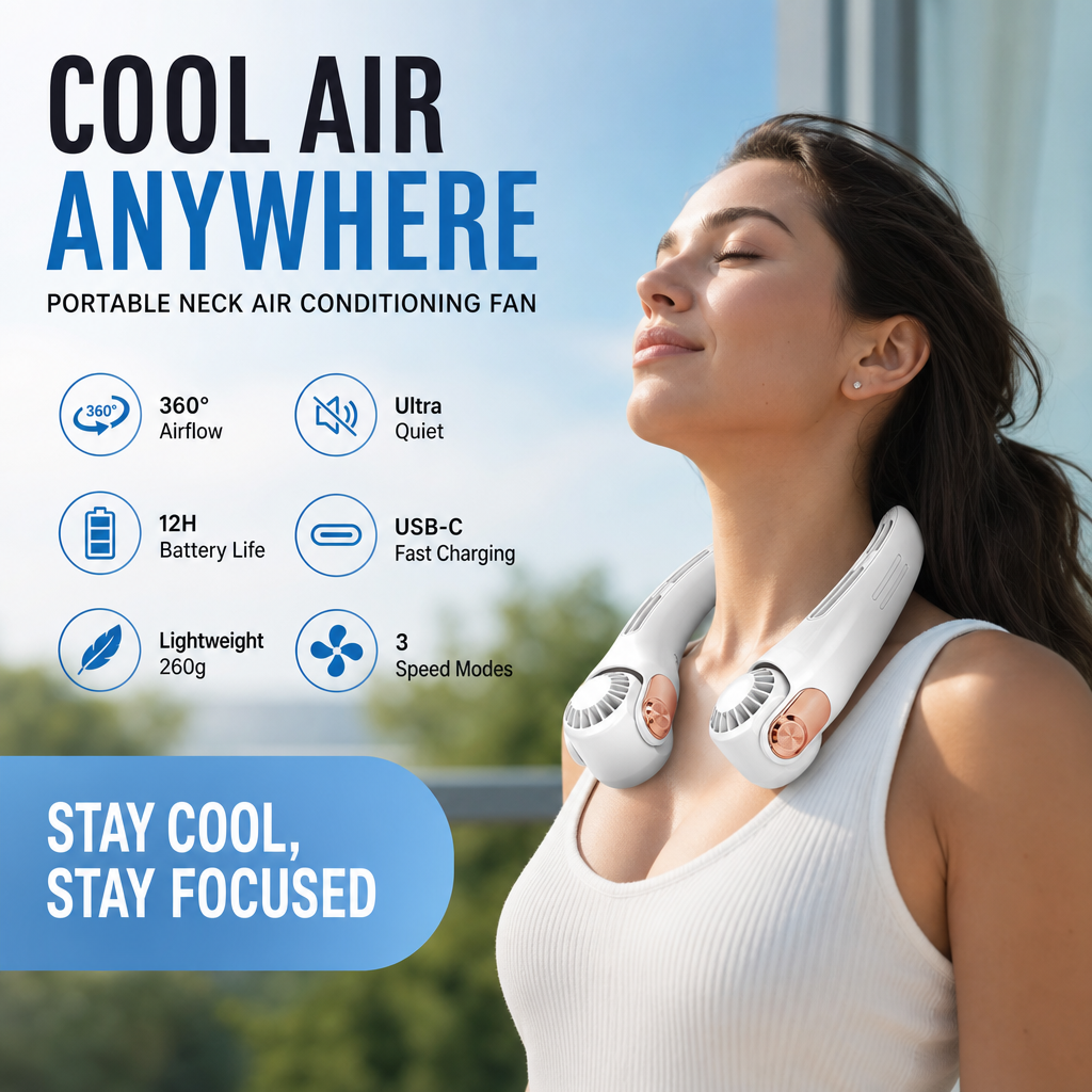 🥳💨 50% OFF!🍃  Portable Neck Fan - 3-Sec Instant Cooling, 360° Rotating Head, 3-Speed Airflow 😎🌬️