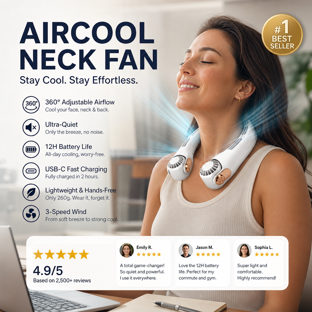 🥳💨 50% OFF!🍃  Portable Neck Fan - 3-Sec Instant Cooling, 360° Rotating Head, 3-Speed Airflow 😎🌬️