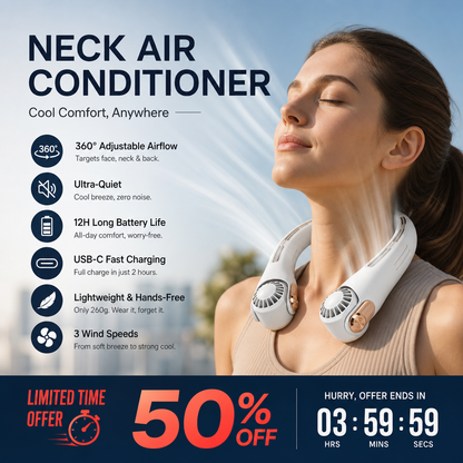 🥳💨 50% OFF!🍃  Portable Neck Fan - 3-Sec Instant Cooling, 360° Rotating Head, 3-Speed Airflow 😎🌬️